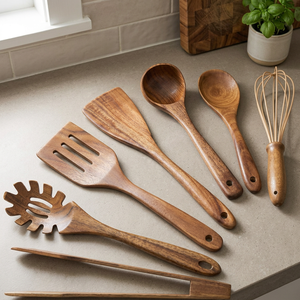 Set di Utensili in Legno di Teak per Cucinare, Spatole e Cucchiai Antiaderenti, Strumenti da Cucina in Legno per Preparazione Insalate - Product Image 2