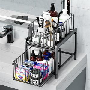 Black 2 Tier Sliding <b>Under</b> <b>Sink</b> Storage Rack Pull Out Basket Organizer Metal <b>Cabinet</b> Shelf for Kitchen <b>Bathroom</b> - Product Image 3