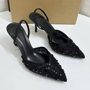 Women's Apricot Beaded Embellished Mesh Slingback <b>Pointed</b>-<b>Toe</b> Ladies Sexy Stiletto <b>Mule</b> Sandals - Product Image 3