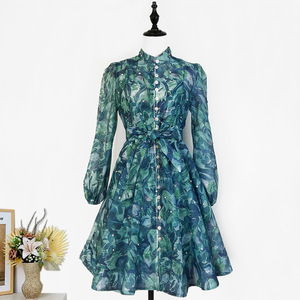 Vestidos de moda para mujer con cuello alto, estampado vintage, manga larga gruesa y manga farol con lazo - Product Image 5