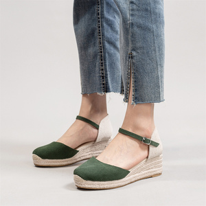 <span class=keywords><strong>Sandales</strong></span> d'été <span class=keywords><strong>compensées</strong></span> pour femmes en daim beige à bout fermé, avec bride de cheville et boucle, style espadrilles tressées - Product Image 2