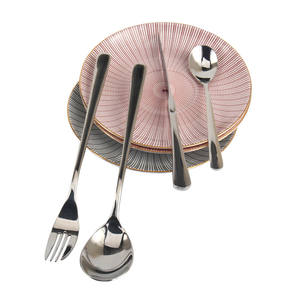 elegant flatware features flaring <b>handles</b> and subtle <b>bands</b> that highlight the narrow necks and wide tips Flatware Set - Product Image 5