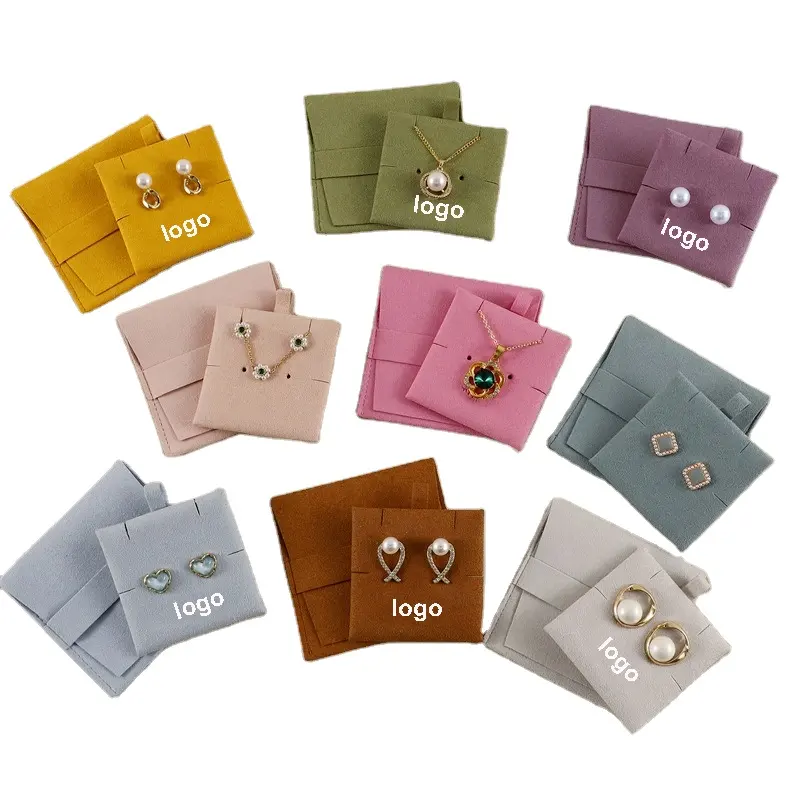 Paquete de joyería con logotipo personalizado de 8x8cm, bolsa de regalo con botón a presión de microfibra marfil con almohadilla de inserción, bolsa de joyería