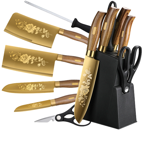 Atacado Golden Kitchen Knife Set lâmina de aço inoxidável e madeira Grain Plastic Handle com ouro titânio revestido Chef Knife Set