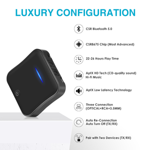 Adaptador de Audio Bluetooth B19 CSR V5.0, Un Par de Receptores y Transmisores, Compatible con Auxiliar de 3.5 mm / Óptico Digital <span class=keywords><strong>Toslink</strong></span> / SPDIF - Product Image 2