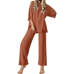 Set da salotto per donna top a <span class=keywords><strong>maniche</strong></span> <span class=keywords><strong>corte</strong></span> e <span class=keywords><strong>pantaloni</strong></span> <span class=keywords><strong>lunghi</strong></span> morbidi e comodi pigiami Set di abiti 2 pezzi S-XXL - Product Image 4