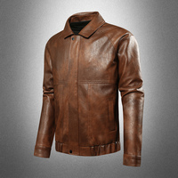 Blouson vintage marron en similicuir pour homme, col rabattable, imperméable, coupe-vent, style motard, décontracté, en cuir PU, avec logo frontal