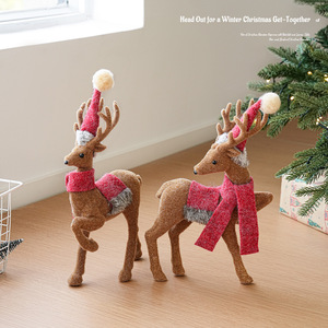LINGKAI Flocked Christmas <b>Reindeer</b> Figurine With Red Scarf and Santa Hat Tabletop <b>Xmas</b> Deer Statue Home Holiday Desktop Ornament - Product Image 4