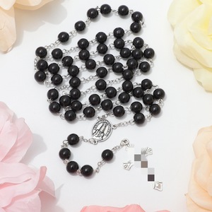 Chapelet religieux en perles de verre noires rondes, collier de prière avec médaille <span class=keywords><strong>Notre</strong></span>-<span class=keywords><strong>Dame</strong></span> de Fatima et crucifix pour la culte - Product Image 2
