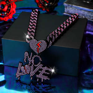 Collar de cadena cubana para hombre, estilo hip hop europeo-americano, con colgante de letras de cristal completo y diseño de corazón, estilo streetwear, NO LOVE - Product Image 6