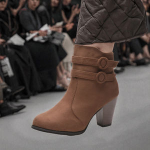 Bottes en daim marron pour femme à talon carré épais et haut, style automne, montantes à la cheville, avec bouton décoratif - Product Image 2