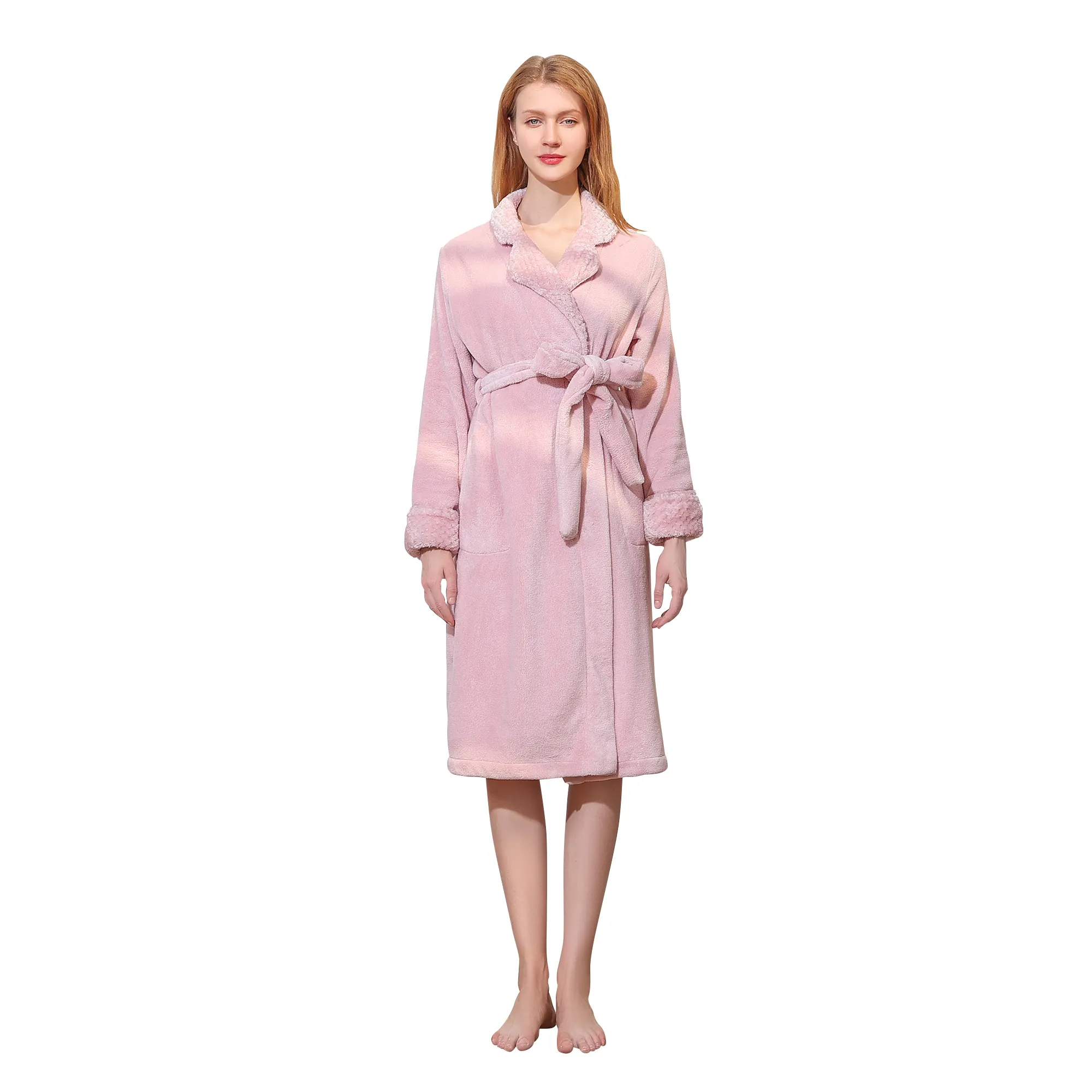 Sıcak satış kış mercan polar kalın pembe bornoz yumuşak sıcak kadınlar için pijama robe