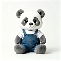 Peluche Panda Gris Adorable avec Salopette en Jean et Chemise Rayée, Doux Jouet en Peluche Kawaii, Jouet Confortable, Peluche Panda Personnalisée