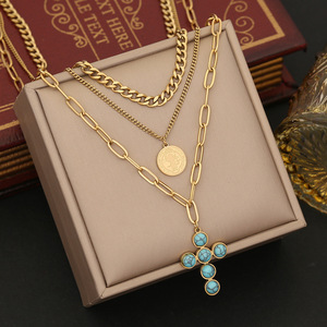 Kalung rantai Kuba klip kertas perhiasan Retro kalung liontin salib pirus baja tahan karat untuk wanita - Product Image 6