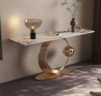 Meilleures ventes Tables consoles demi-lune de luxe avec pieds en acier inoxydable doré, plateau en pierre frittée, table d'entrée rectangulaire