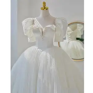 法国缎面轻主婚纱新娘子气质遮厚臂高端超仙女大拖尾高端感