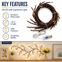 Guirlande lumineuse USB en forme de branche de 1,8 m avec 96 LED et 8 modes d'éclairage pour décoration murale intérieure et fêtes