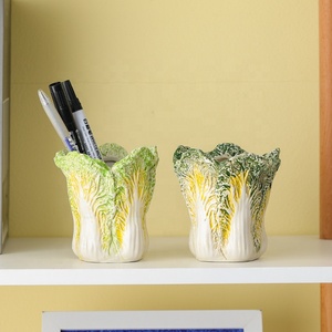Vaso di verdure in ceramica verde squisito a forma di cavolo cinese pennello cosmetico penna adatta decorazione da tavolo - Product Image 2