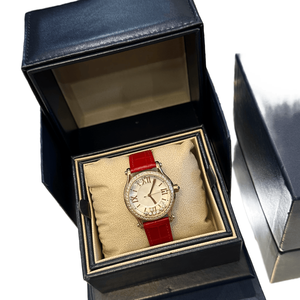 Montre à quartz pour femme avec lunette sertie de diamants, cadran à chiffres romains, bracelet en cuir rouge, montre-bracelet élégante et décontractée, Chopards - Product Image 1