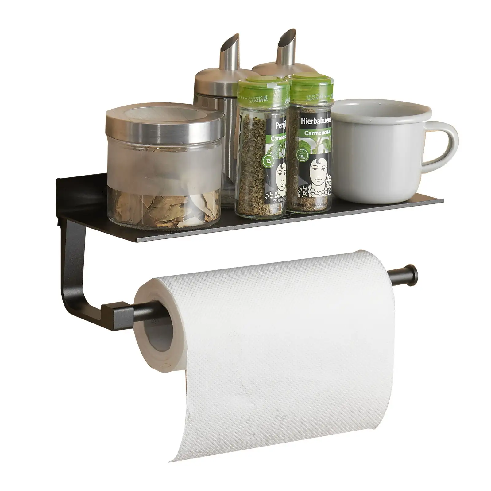 Adhesive Paper Towel Holder Wall Mounted Kitchen Bathroom Tissue Roll Hanger with Storage Shelf Space Aluminum