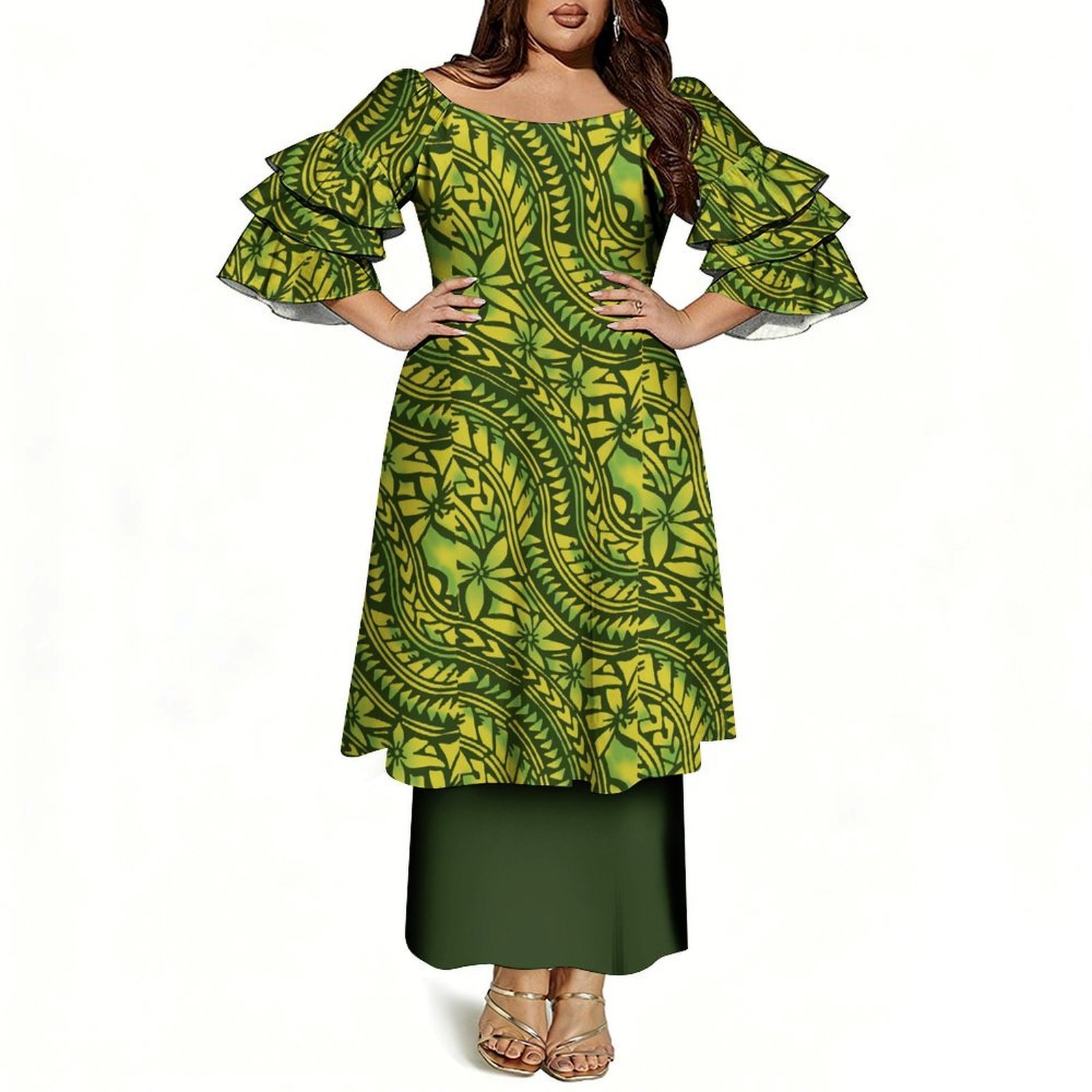 Print on Demand Women Samoan off the Shoulder Frill Short Sleeve Dress High Quality Plus Size Three Layer Sleeve Dress 2 Piece