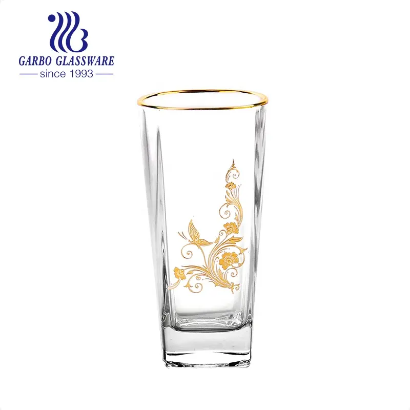 Klasik sıcak satış cam bardak kalın taban soda kireç suyu meyve suyu bardağı bardak altın jant ve çıkartma dekoratif sofra