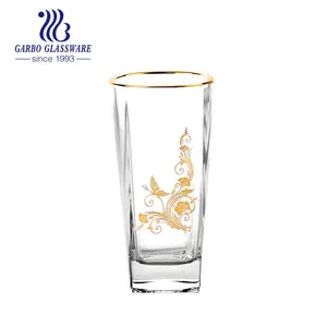 Classic hot selling glass tumbler with thick base soda-lime water juice glass cup with gold rim and decal decorative tableware