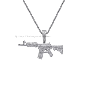 Machine Gun Pendant Necklace, Men's Hip Hop Layered <b>Chain</b>, <b>Copper</b> CZ Encrusted Iced Out Jewelry - Product Image 2