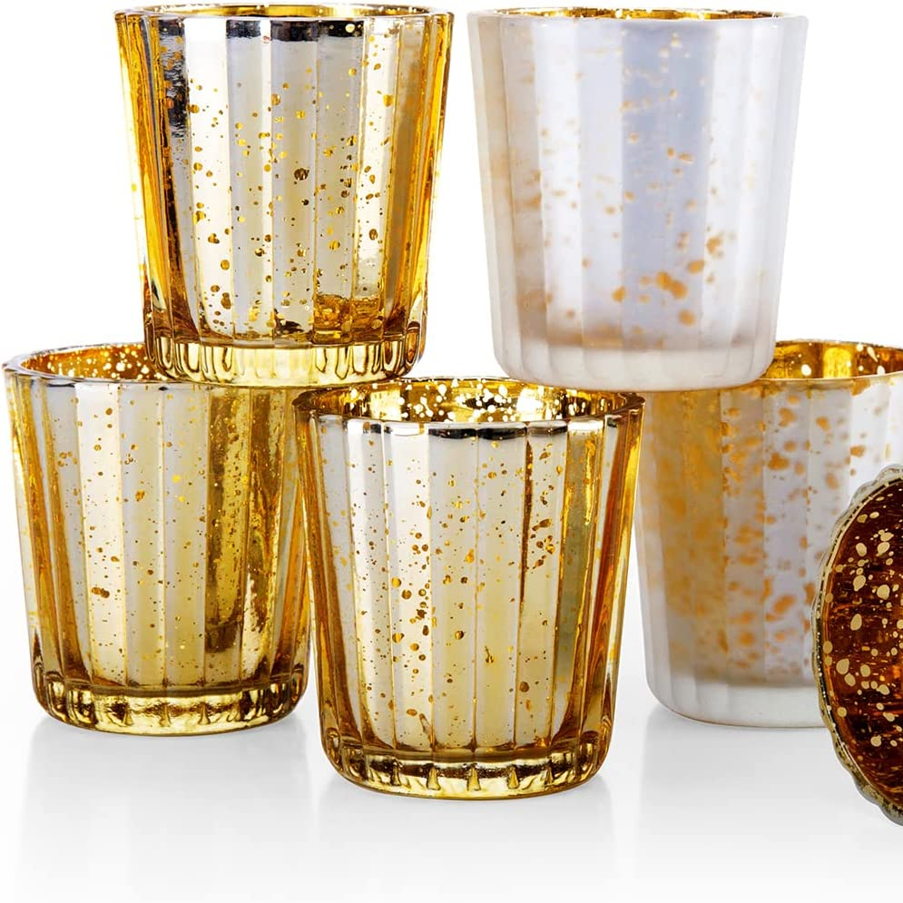 6 Pcs Pack Silver + Gold Speckled Mercury Glass Votive Candle Holder Bulk Candle Holders