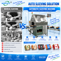 Machine d'emballage automatique pour barquettes de repas prêts à consommer avec étiquettes pré-collées et manchons pré-collés pour conteneurs