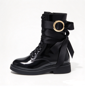 Bottes mi-mollet en cuir verni pour femmes, chaussures d'hiver à lacets et bout rond - Product Image 1