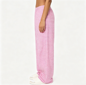 <strong>Women</strong> Pink Gingham Wide Leg Pants Elastic Waist Casual Lounge <strong>Trousers</strong> Retro Checkered Loose Fit Home Wear Fashion - Product Image 2