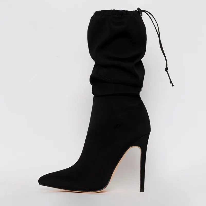 2020 Fashion Customized Logo Stretchy Black Lycra Boots Stiletto High Heels Ankle Booties Women High Heel Boots