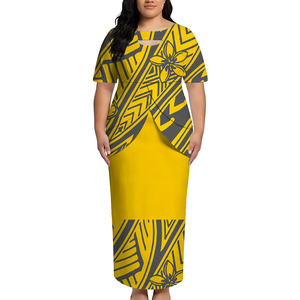 Nuovo Design Abito Maxi con Stampa Tribale Polinesiana e Ritaglio sul Petto, Vestito Puletasi Samoano, Abito a Maniche Corte Plus Size per Donna, Set 2 Pezzi - Product Image 2