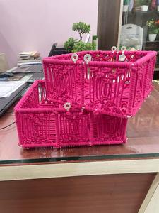 Pink Woven Storage <b>Basket</b> Set Handmade Rope Organizer Bin with Lid for Home Desktop Shelf - Product Image 1
