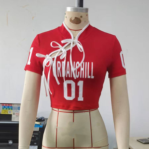 Nuova Maglietta Estiva Casual Sportiva Elasticizzata con Stampa di Lettere, Aderente, con Lacci, Crop Top a Maniche Corte <span class=keywords><strong>Rossa</strong></span> per Donna - Product Image 6