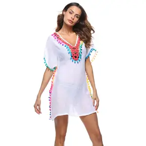 Пляжная одежда ручной работы Amazon с цветочным узором, бикини, кафтан, шифоновая одежда для плавания, Пляжная накидка, красивое красочное женское пляжное платье с кисточками