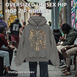 Sweat à capuche zippé unisexe oversize style streetwear hip-hop, en molleton épais 100% coton, doublure polaire, couleur unie, épaules tombantes - Product Image 2