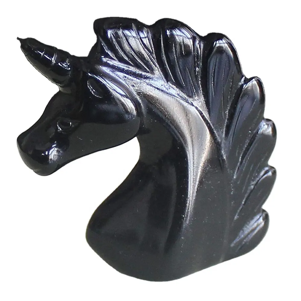 Hand geschnitzte schwarze Obsidian Edelstein Kristall Einhorn Kristall Figur Schnitzen