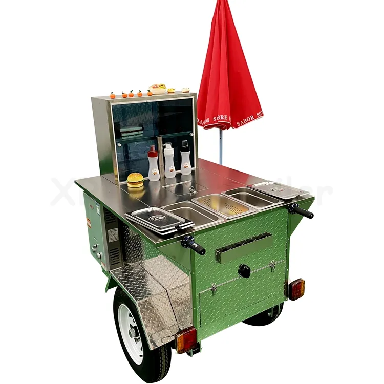 Chariot portable chariot de hot-dogs bon marché chariots de vente de nourriture kiosque de support de remorques utilisé avec des parapluies à roues à vendre