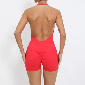 Wholesale Workout Backless Pockets Yoga Sets Fitness Women 1 Piece Jumpsuit Open Back Sports Custom Gym Bodysuit