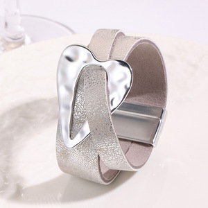 Hot Selling Big Heart Charm Leather <b>Silver</b> Plated Exaggerated Wide Brushed <b>Bracelet</b> for Women Gift Jewelry <b>Bracelet</b> Wholesale - Product Image 4