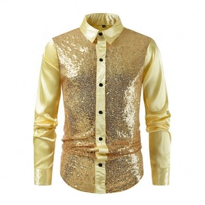 slim fit dress slacks Luxury Men's Shirt with Gold Print / Fashion Slim Fit Long Sleeve Shirts