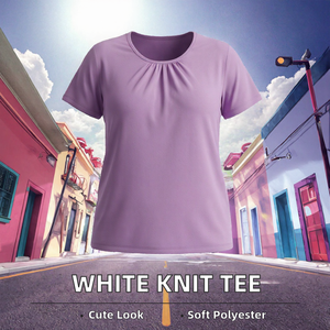 T-shirt plissé pour femmes, tricoté, manches courtes, col rond, couleur unie, tenue décontractée pour tous les jours - Product Image 2