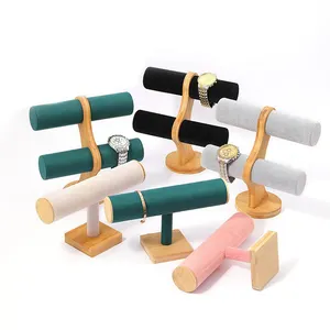 Wholesale Bamboo Double-Layer Pink Green White Microfiber Velvet Bracelet Stand Watch Storage Display Rack For Retail Store