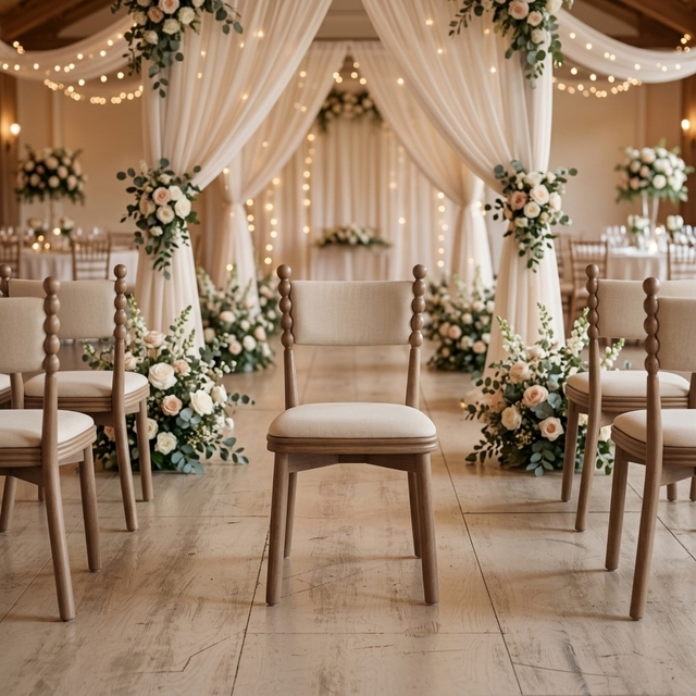 Vintage Bobbin Solid Wood Dining Chair Upholstered Seating for Event Wedding Rental Banquet Party