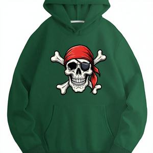 Sweat à capuche décontracté pour femme, motif tête de mort de pirate et cache-œil, en tissu tricoté 100% polyester 360g, imprimé par transfert thermique, pour l'automne, vert - Product Image 1