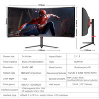 Moniteur de jeu incurvé de 34 pouces, moniteur PC ultra large, 4K 128 Hz, 3440x1440, IPS 1900R, HDR400, GTG 1 ms, audio et DP, HDMI2.0