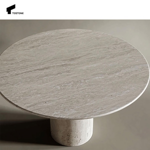 Tostone Nouveau Design Contemporain Beige <span class=keywords><strong>Table</strong></span> à manger ronde en travertin Pied cylindrique <span class=keywords><strong>Table</strong></span> ronde en travertin Ensemble pour salles à manger - Product Image 2