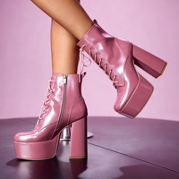 Bottines à plateforme roses chic en cuir verni pour femme, à talon carré épais, à lacets, avec fermeture éclair latérale et tirette, vente en gros
